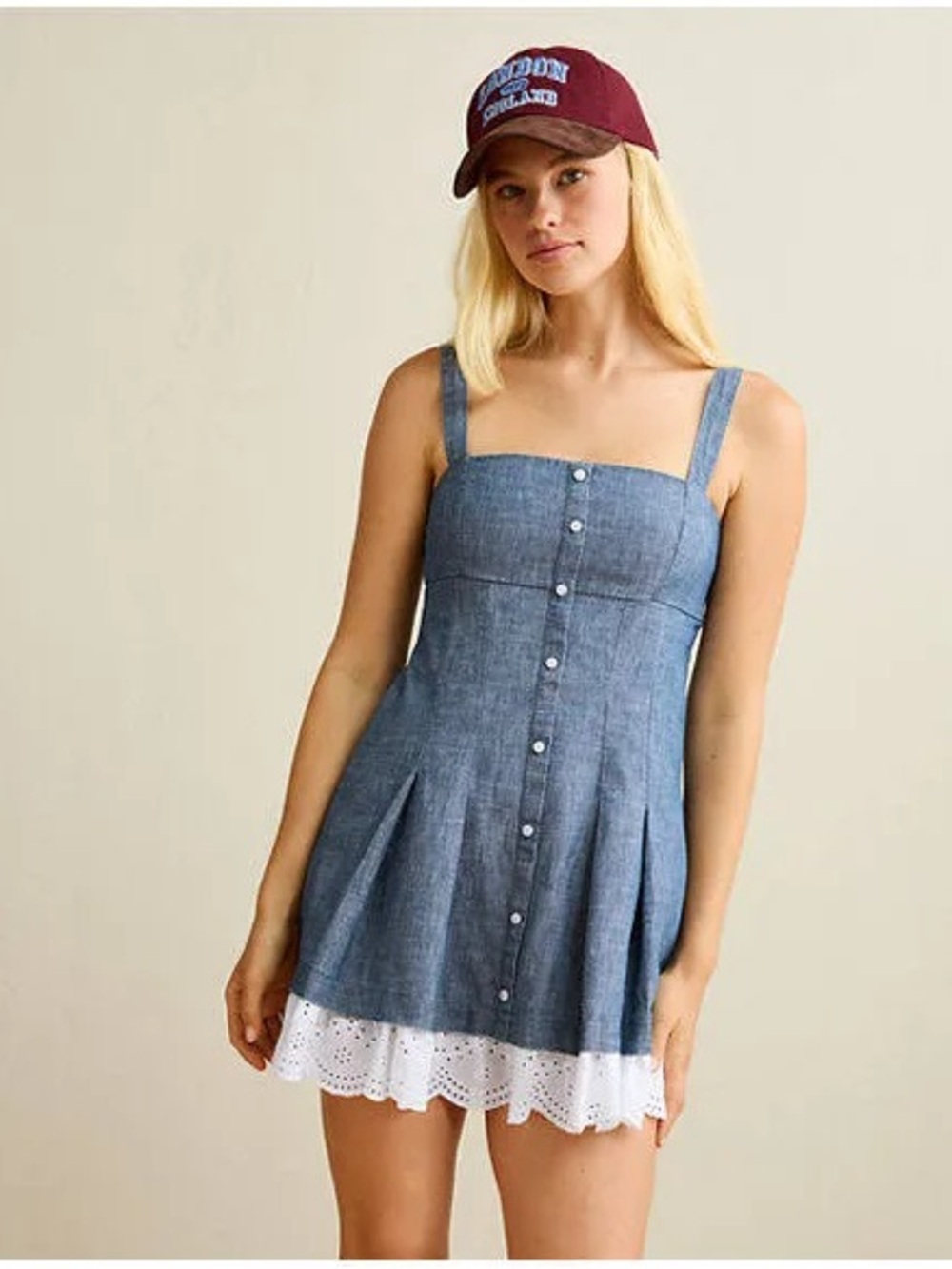 Denim Button-Front Mini Dress with Eyelet Hem - Blue